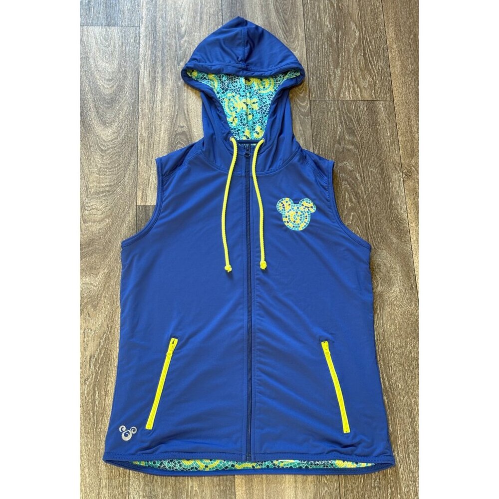 DISNEY PARKS MICKEY MOUSE MOSAIC BLUE HOODED FULL ZIP VEST WOMENS SIZE SMALL ZIP